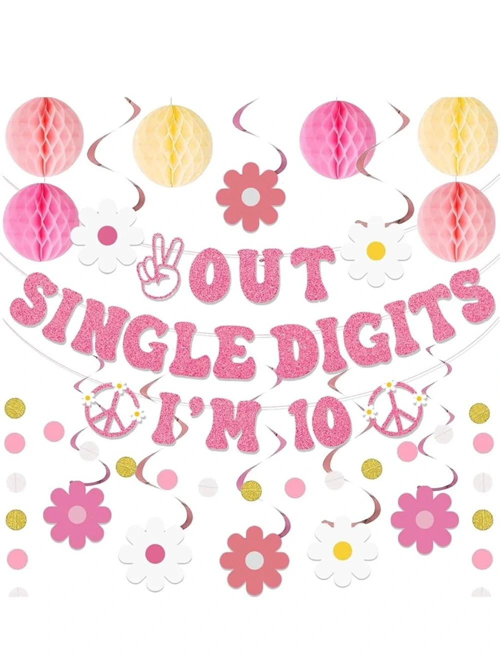 Out of Single Digits I'm 10 Pink Party Banner and Hanging Decorations -